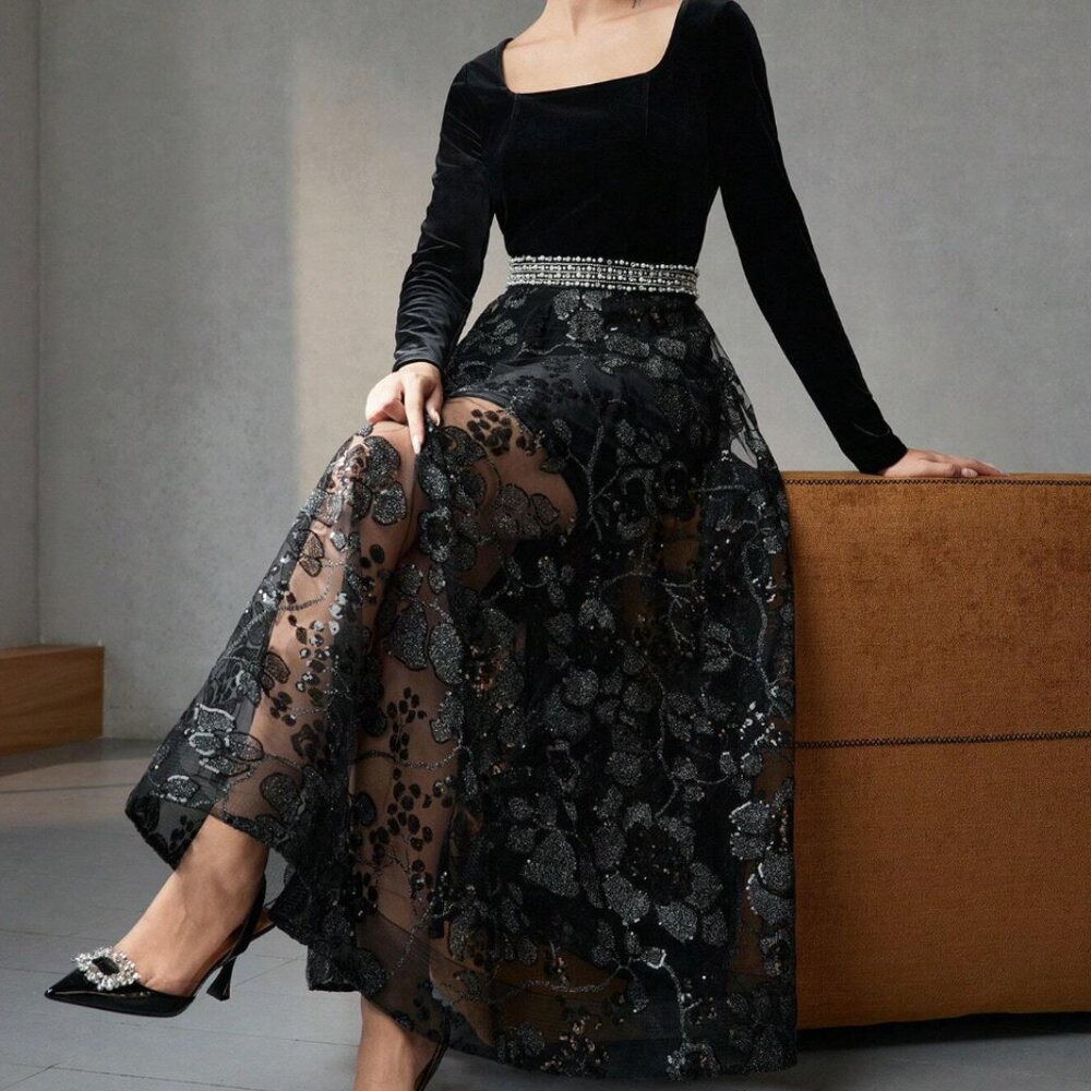 NEW W/ TAGS! Black velvet sequin mesh dress